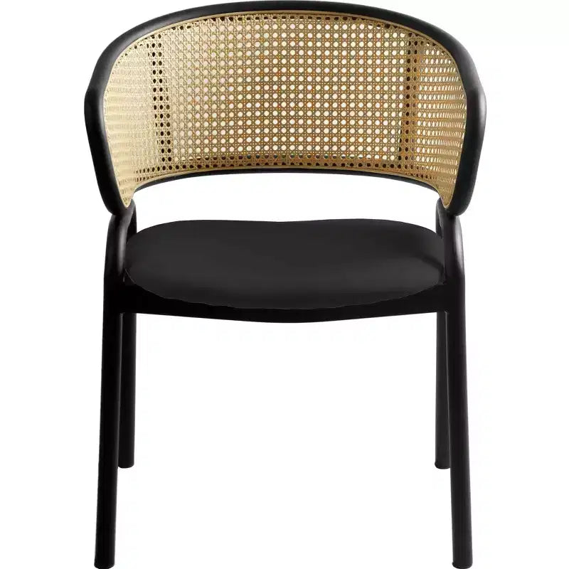 Chaise de salle à manger en osier avec assise en cuir et structure en acier noir, assise confortable pour les salles à manger et les cuisines
