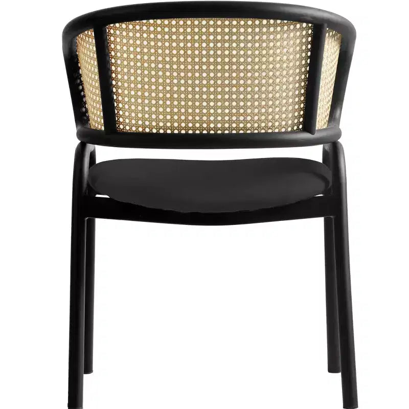 Chaise de salle à manger en osier avec assise en cuir et structure en acier noir, assise confortable pour les salles à manger et les cuisines