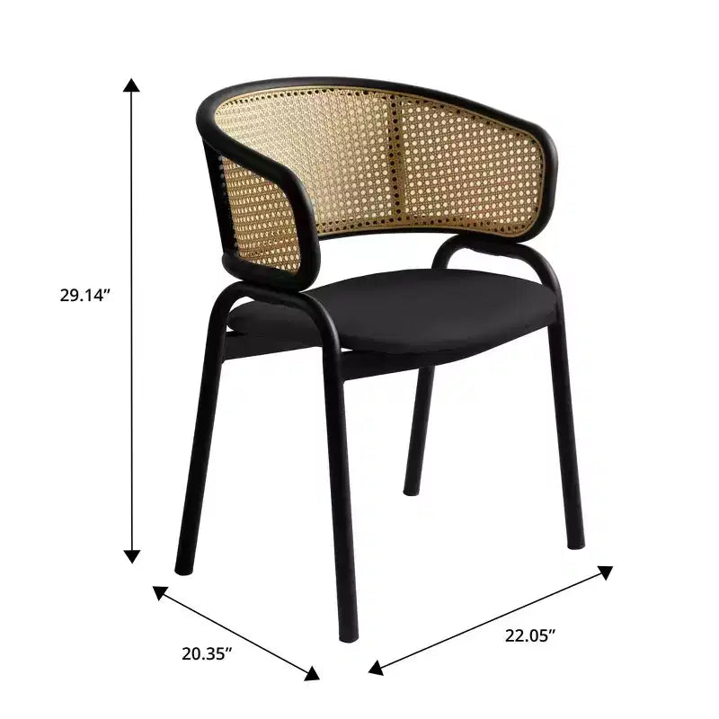 Chaise de salle à manger en osier avec assise en cuir et structure en acier noir, assise confortable pour les salles à manger et les cuisines