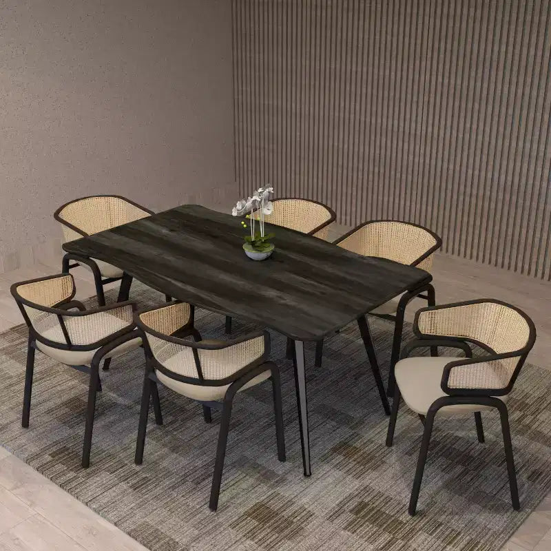 Chaise de salle à manger en osier avec assise en cuir et structure en acier noir, assise confortable pour les salles à manger et les cuisines