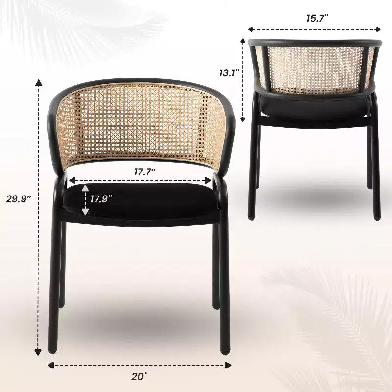 Chaise de salle à manger en osier avec assise en cuir et structure en acier noir, assise confortable pour les salles à manger et les cuisines