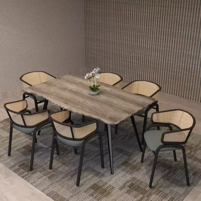 Chaise de salle à manger en osier avec assise en cuir et structure en acier noir, assise confortable pour les salles à manger et les cuisines