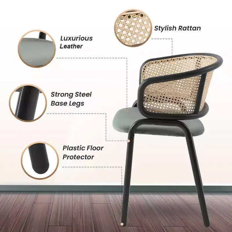 Chaise de salle à manger en osier avec assise en cuir et structure en acier noir, assise confortable pour les salles à manger et les cuisines