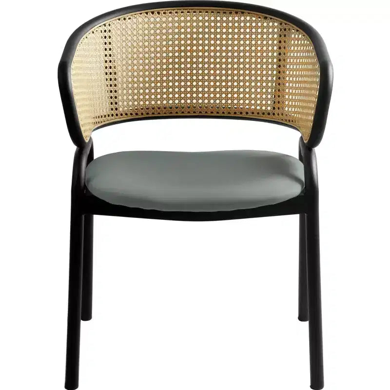 Chaise de salle à manger en osier avec assise en cuir et structure en acier noir, assise confortable pour les salles à manger et les cuisines