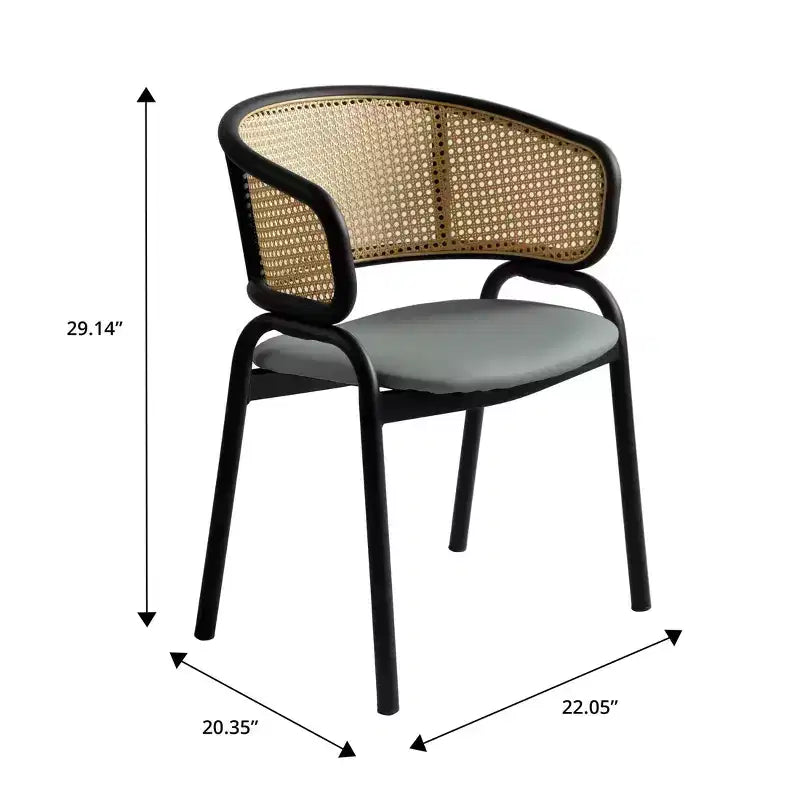 Chaise de salle à manger en osier avec assise en cuir et structure en acier noir, assise confortable pour les salles à manger et les cuisines