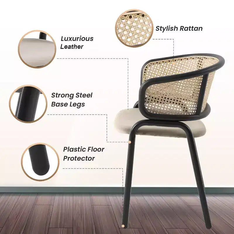 Chaise de salle à manger en osier avec assise en cuir et structure en acier noir, assise confortable pour les salles à manger et les cuisines