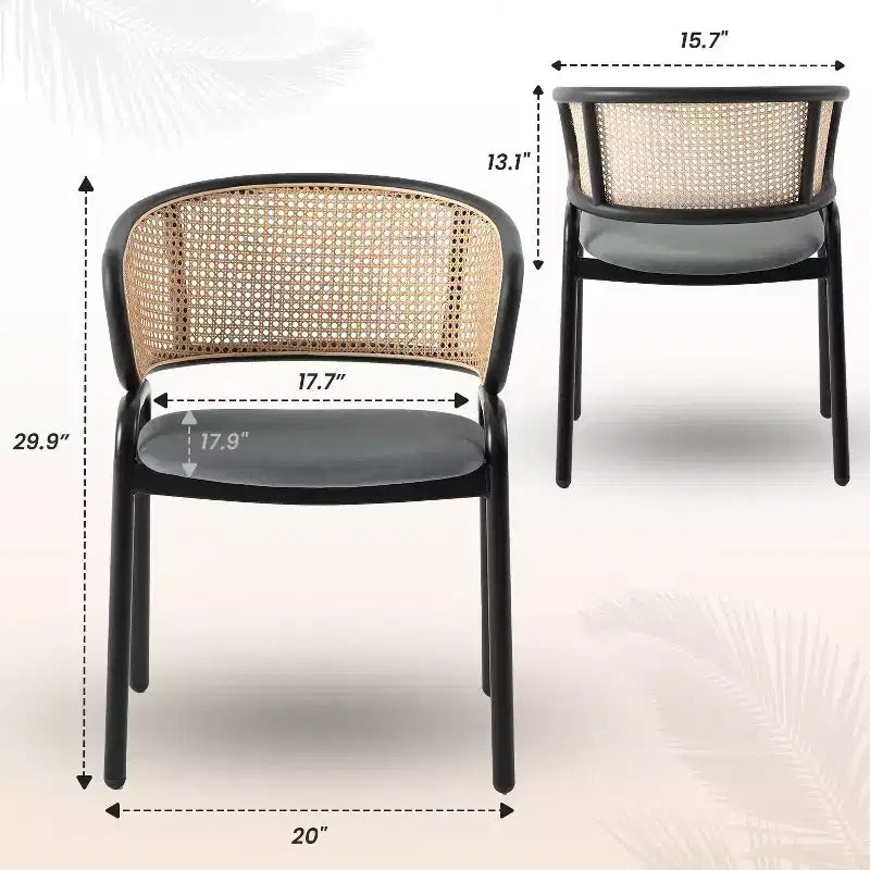 Chaise de salle à manger en osier avec assise en cuir et structure en acier noir, assise confortable pour les salles à manger et les cuisines
