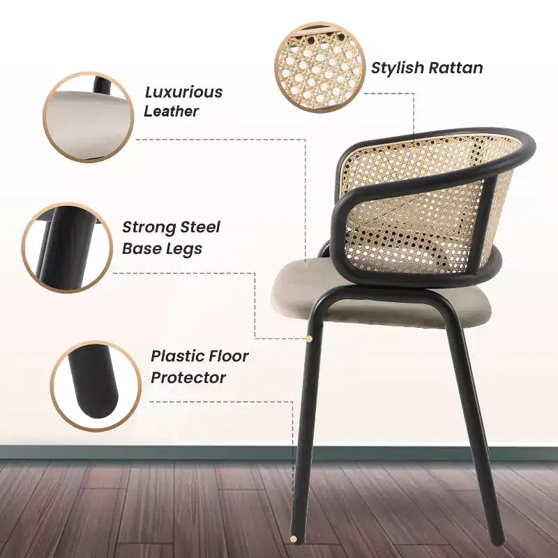 Chaise de salle à manger en osier avec assise en cuir et structure en acier noir, assise confortable pour les salles à manger et les cuisines