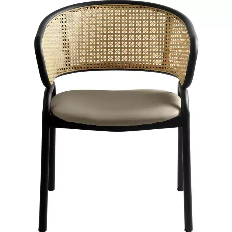 Chaise de salle à manger en osier avec assise en cuir et structure en acier noir, assise confortable pour les salles à manger et les cuisines
