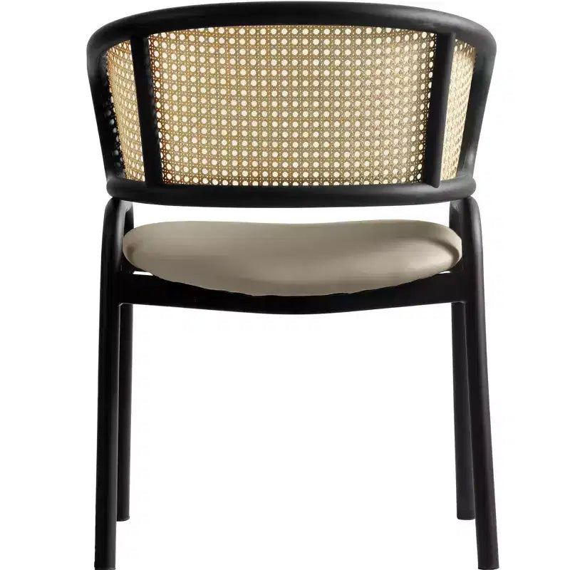 Chaise de salle à manger en osier avec assise en cuir et structure en acier noir, assise confortable pour les salles à manger et les cuisines
