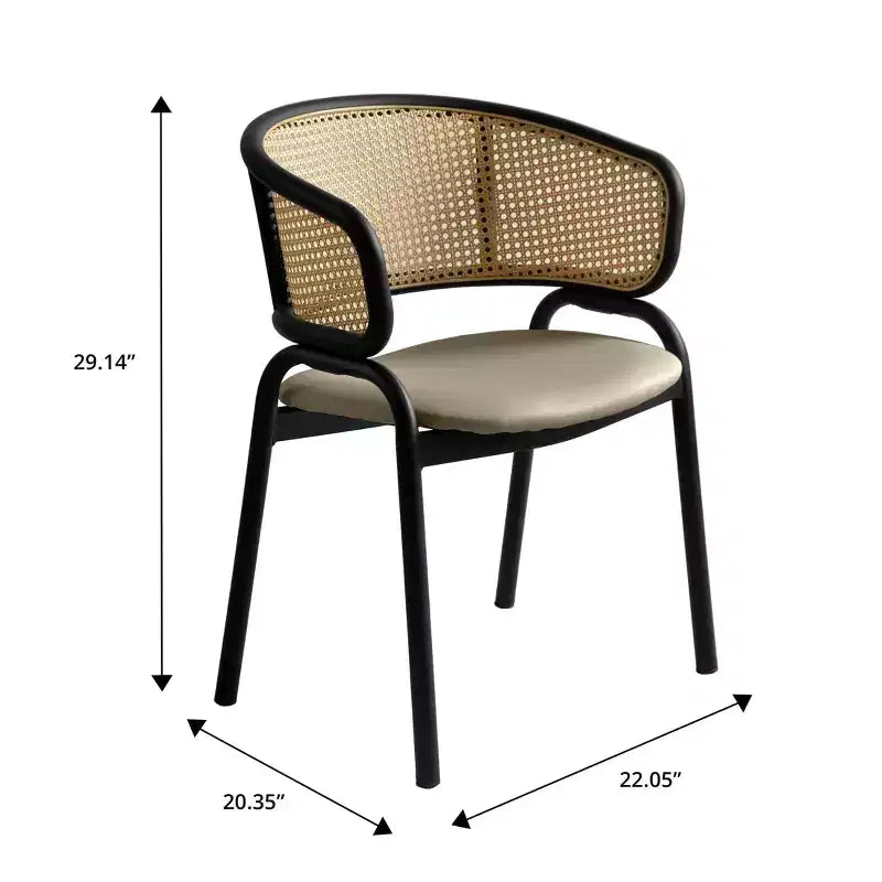 Chaise de salle à manger en osier avec assise en cuir et structure en acier noir, assise confortable pour les salles à manger et les cuisines