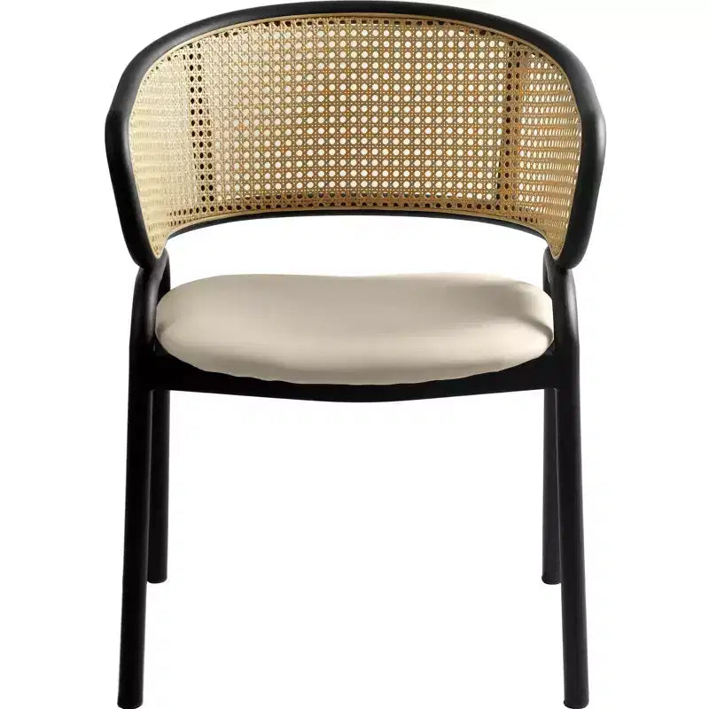 Chaise de salle à manger en osier avec assise en cuir et structure en acier noir, assise confortable pour les salles à manger et les cuisines