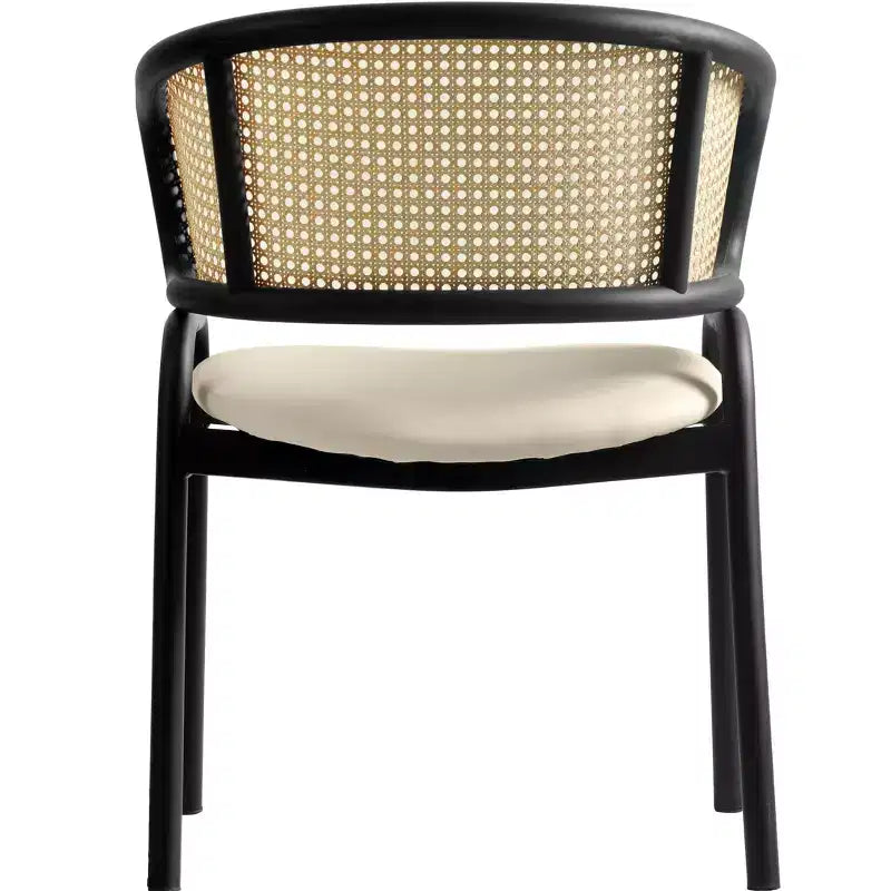 Chaise de salle à manger en osier avec assise en cuir et structure en acier noir, assise confortable pour les salles à manger et les cuisines