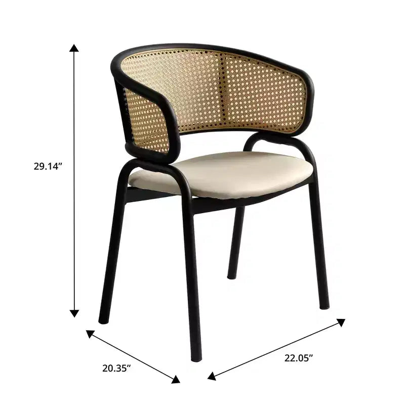 Chaise de salle à manger en osier avec assise en cuir et structure en acier noir, assise confortable pour les salles à manger et les cuisines