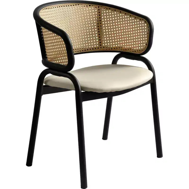 LeisureMod Ervilla Wicker Back Dining Chair with Leather Seat and Black Steel Frame, Comfortable Seating for Dining Rooms and Kitchens