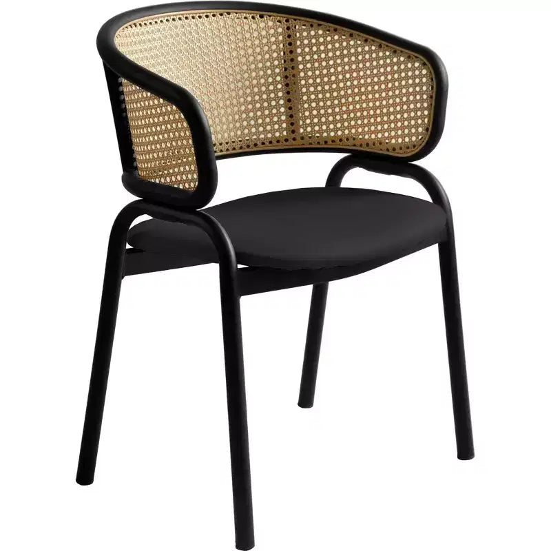 Chaise de salle à manger en osier avec assise en cuir et structure en acier noir, assise confortable pour les salles à manger et les cuisines