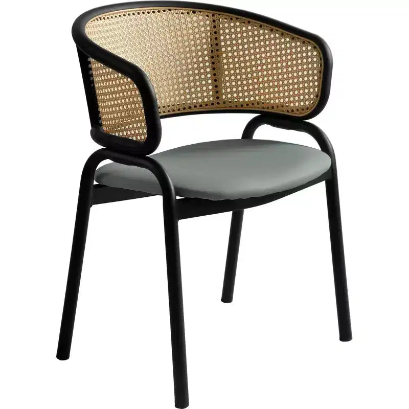 Chaise de salle à manger en osier avec assise en cuir et structure en acier noir, assise confortable pour les salles à manger et les cuisines