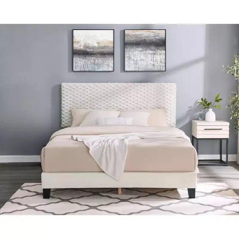Ensemble de chambre 2 pièces, lit tapissé 3D en peluche avec table de chevet