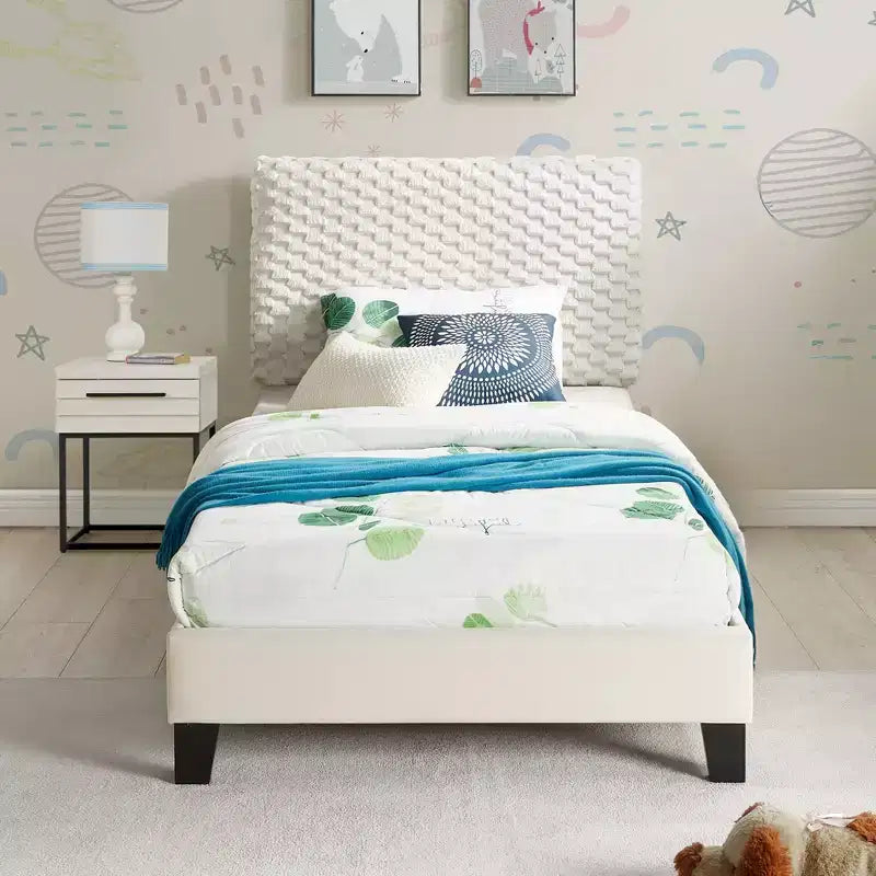 Ensemble de chambre 2 pièces, lit tapissé 3D en peluche avec table de chevet