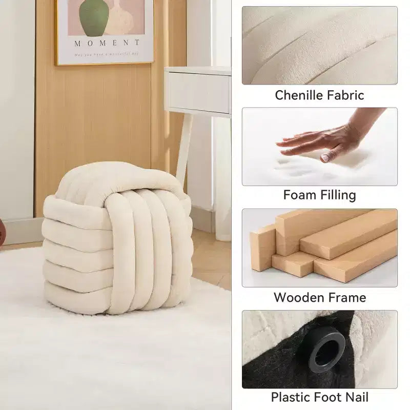 Poufs Repose-pieds Ottomans de 19 po, Tabourets de Maquillage en Chenille Motif Nœud pour Salon, Chambre à Coucher