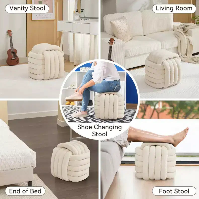 Poufs Repose-pieds Ottomans de 19 po, Tabourets de Maquillage en Chenille Motif Nœud pour Salon, Chambre à Coucher