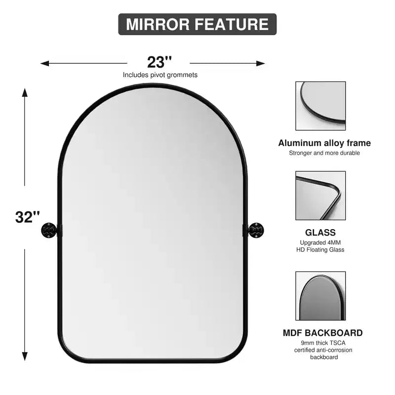 Miroir mural pivotant en fer forgé à coins arrondis et arche, bicolore