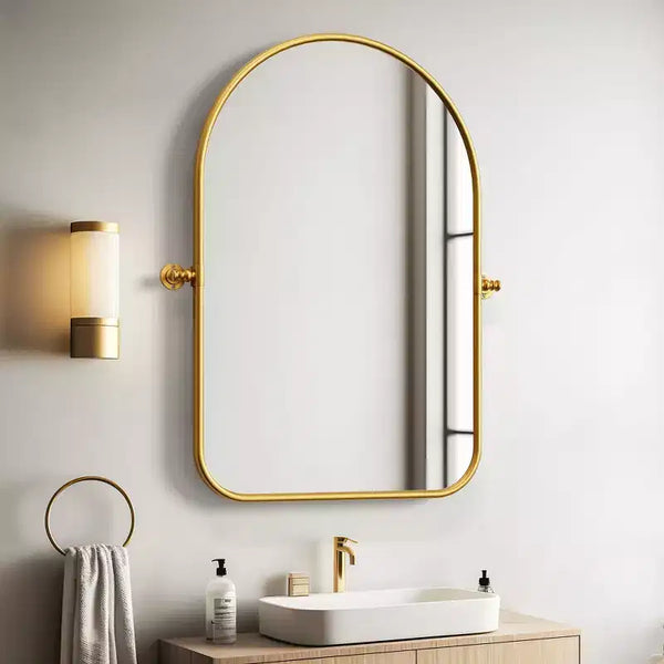 Miroir mural pivotant en fer forgé à coins arrondis et arche, bicolore