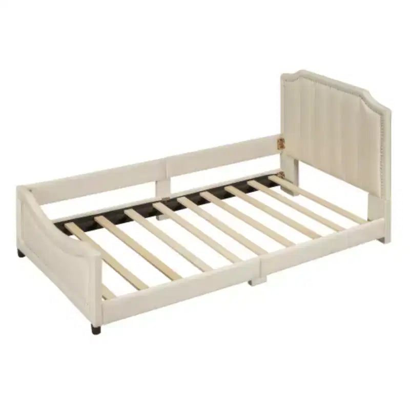 Beige Twin Size Upholstered Daybed with Classic Stripe Design Headboard