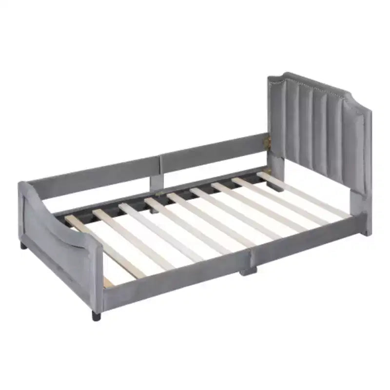 Lit de repos capitonné beige pour lits jumeaux avec tête de lit à rayures classiques