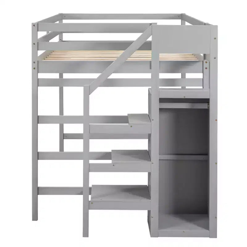 Lit mezzanine en bois double avec armoire de rangement intégrée et escalier, optimisation de l'espace