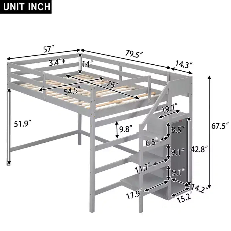 Lit mezzanine en bois double avec armoire de rangement intégrée et escalier, optimisation de l'espace