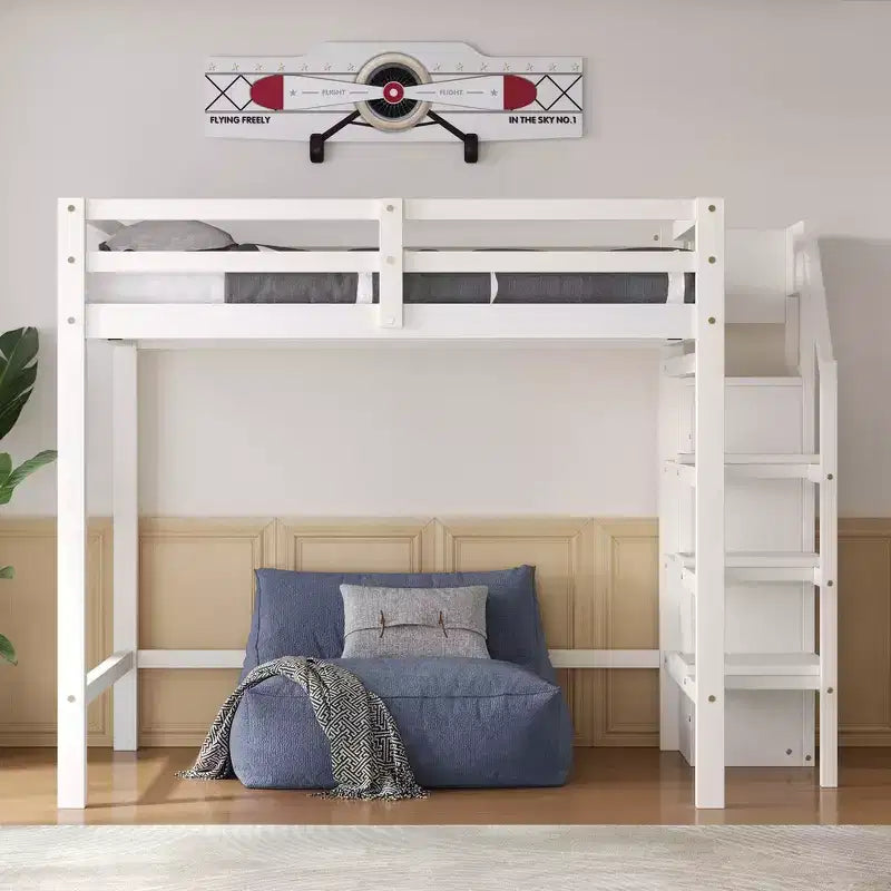 Lit mezzanine en bois double avec armoire de rangement intégrée et escalier, optimisation de l'espace