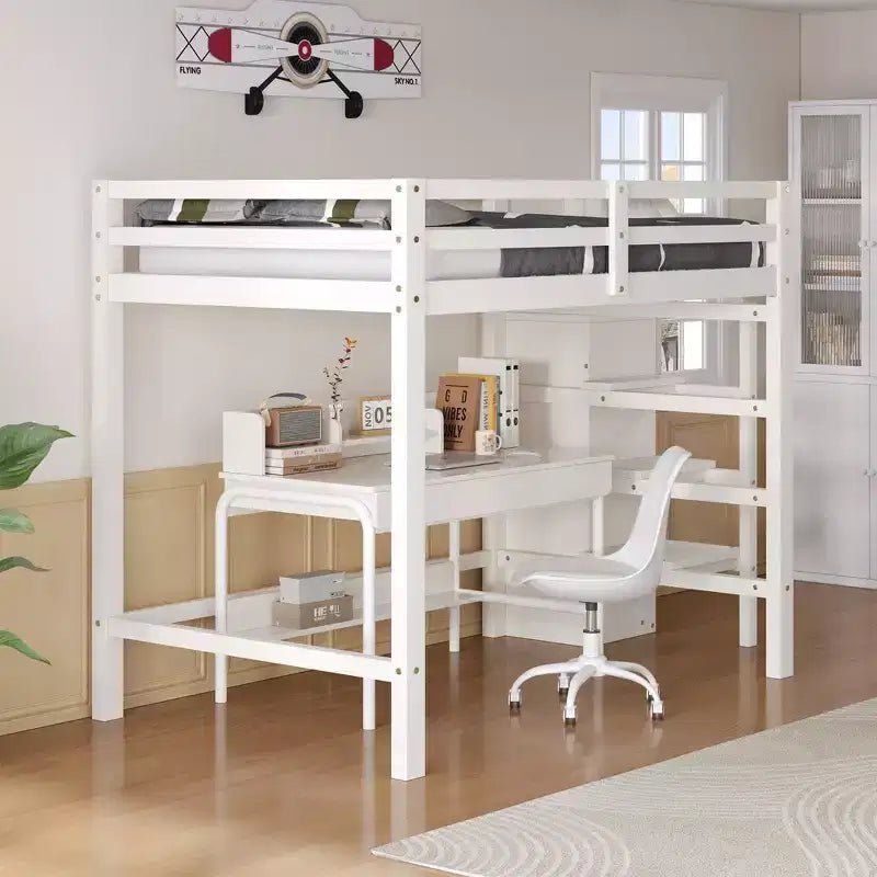 Lit mezzanine en bois double avec armoire de rangement intégrée et escalier, optimisation de l'espace