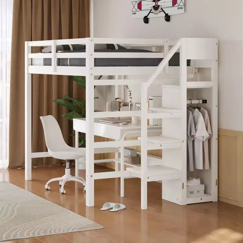 Lit mezzanine en bois double avec armoire de rangement intégrée et escalier, optimisation de l'espace
