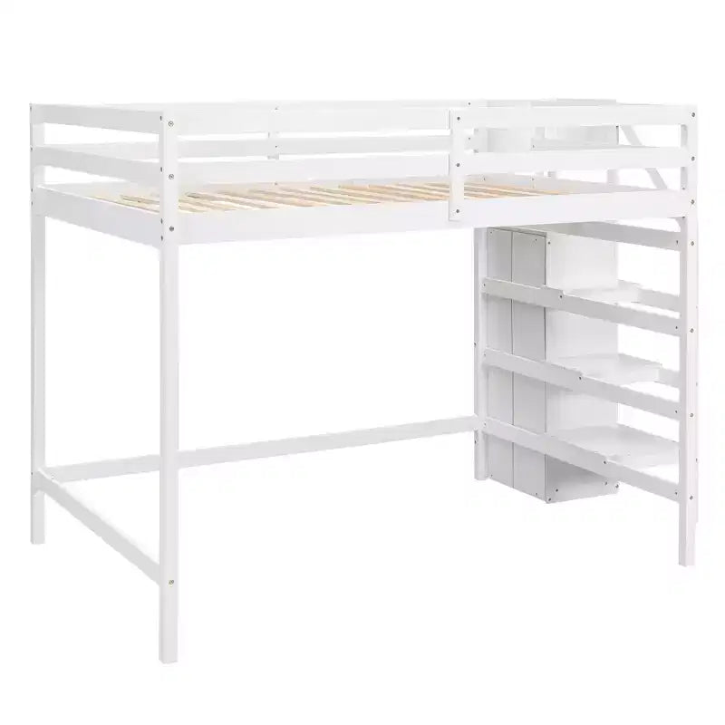 Lit mezzanine en bois double avec armoire de rangement intégrée et escalier, optimisation de l'espace