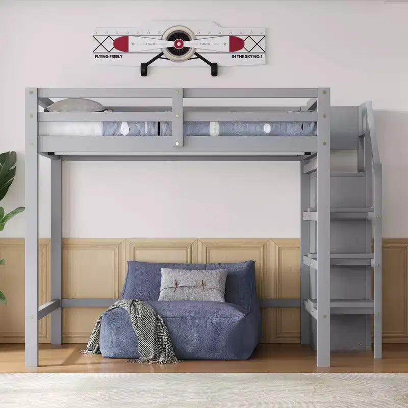 Lit mezzanine en bois double avec armoire de rangement intégrée et escalier, optimisation de l'espace