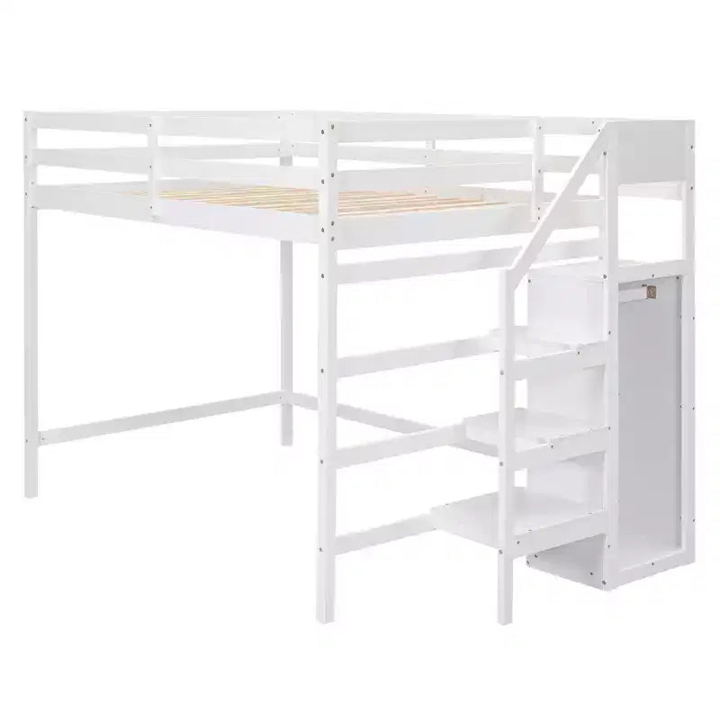 Lit mezzanine en bois double avec armoire de rangement intégrée et escalier, optimisation de l'espace