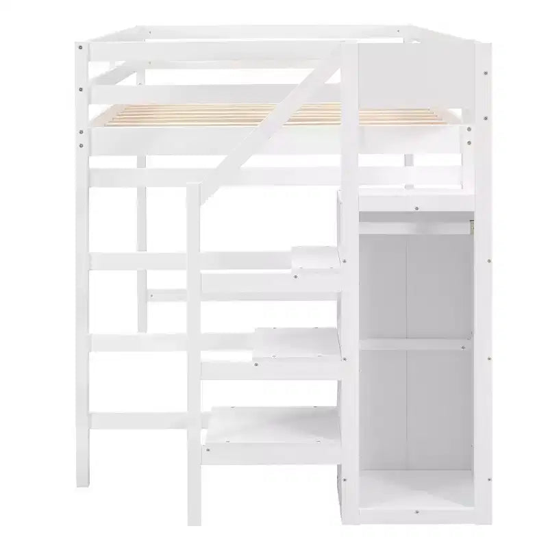 Lit mezzanine en bois double avec armoire de rangement intégrée et escalier, optimisation de l'espace