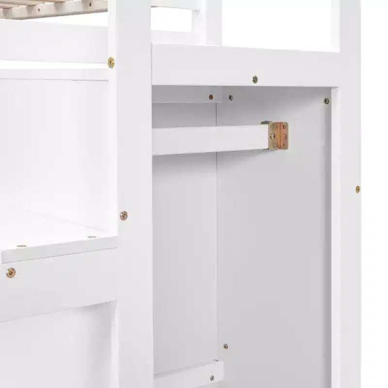 Lit mezzanine en bois double avec armoire de rangement intégrée et escalier, optimisation de l'espace