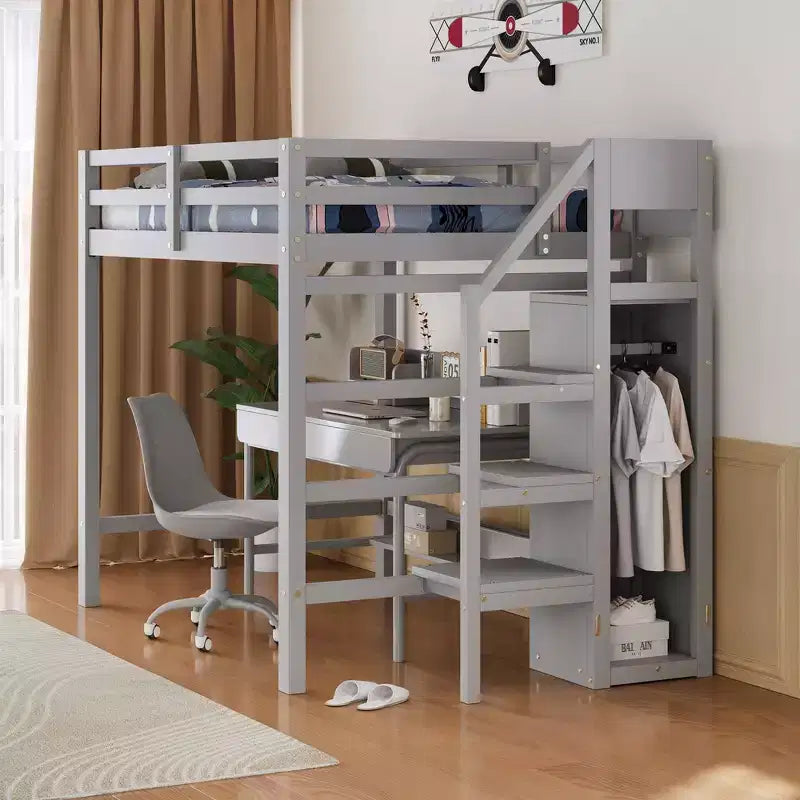 Lit mezzanine en bois double avec armoire de rangement intégrée et escalier, optimisation de l'espace