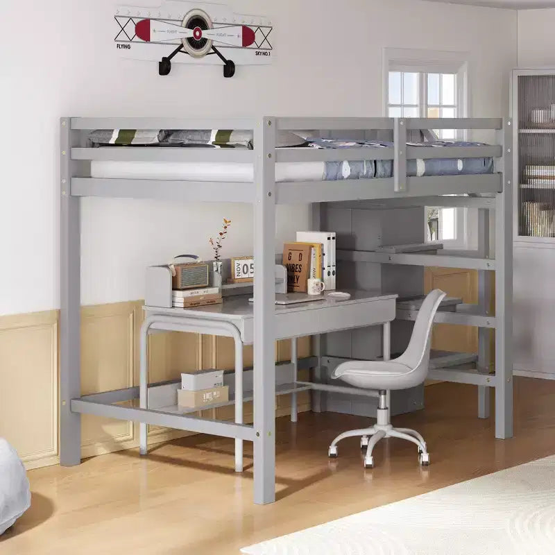 Lit mezzanine en bois double avec armoire de rangement intégrée et escalier, optimisation de l'espace