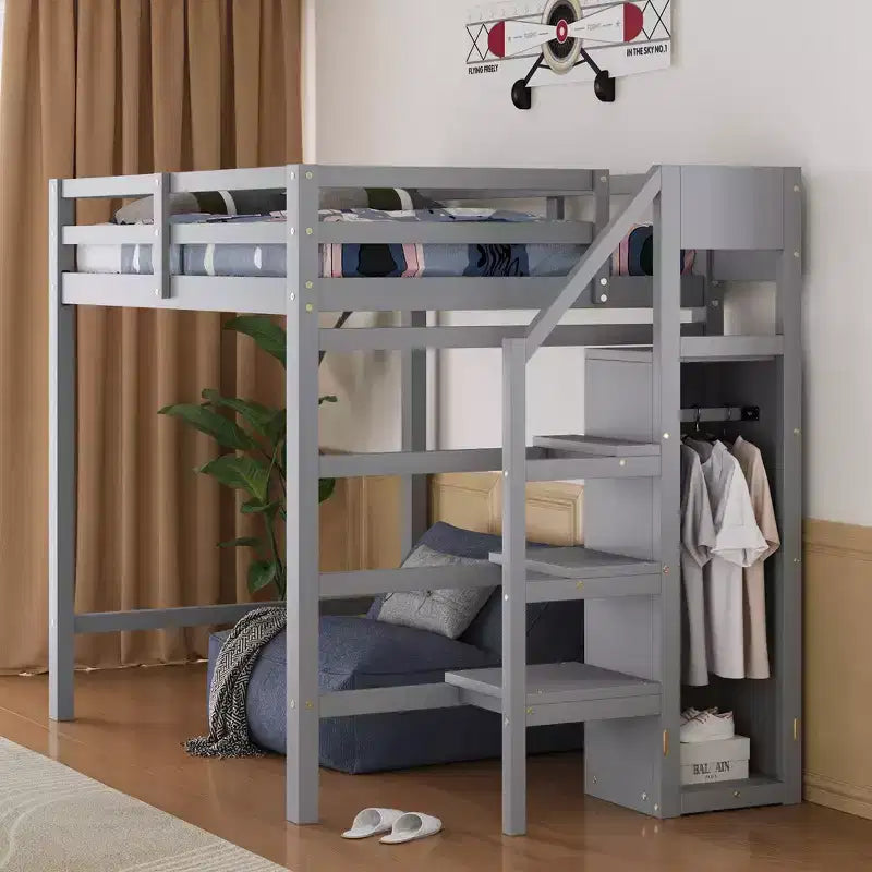 Lit mezzanine en bois double avec armoire de rangement intégrée et escalier, optimisation de l'espace
