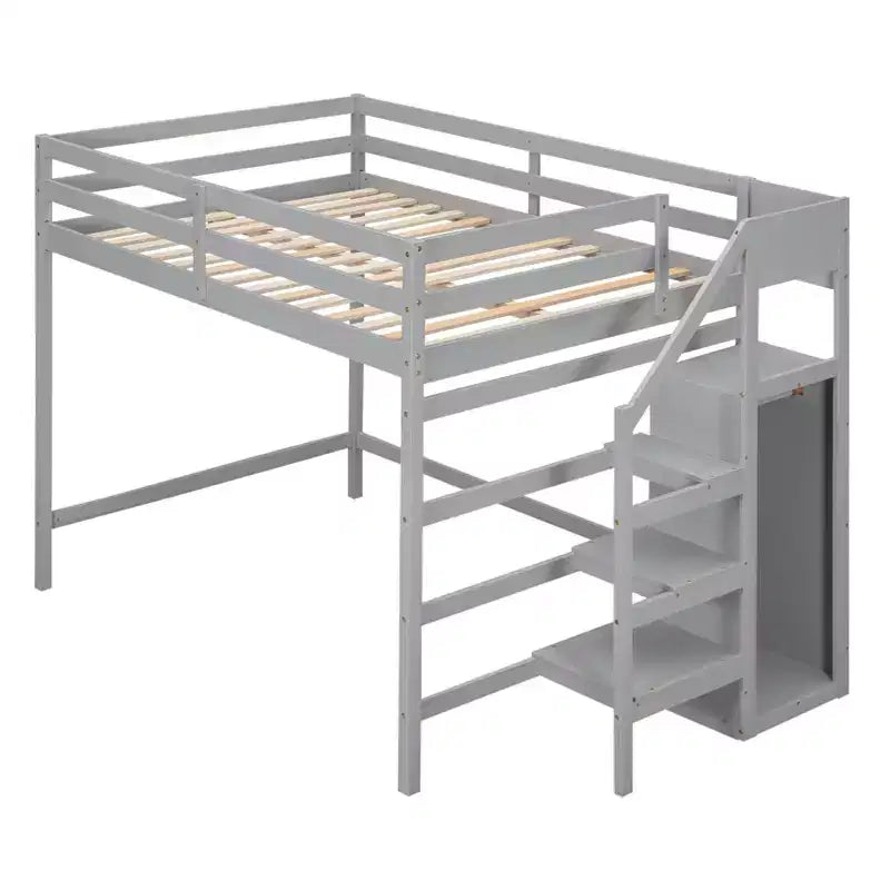 Lit mezzanine en bois double avec armoire de rangement intégrée et escalier, optimisation de l'espace