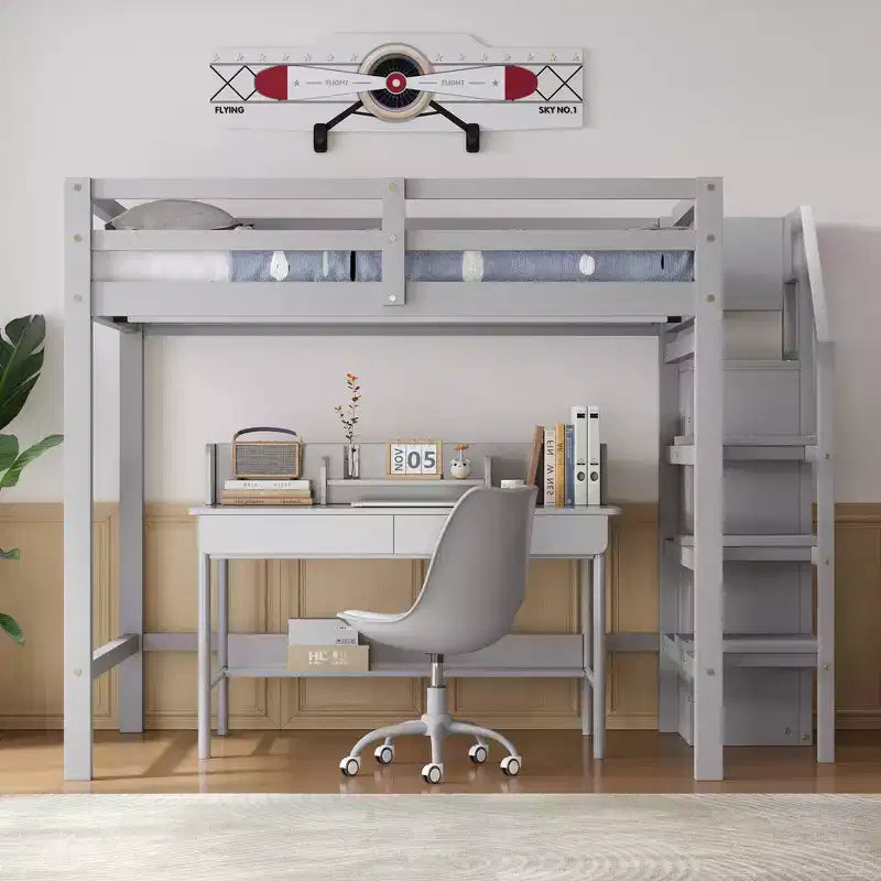 Whisen 93.8''L*57''W Wood Full Size Loft Bed with Built-in Storage Wardrobe and Staircase, Maximized Space
