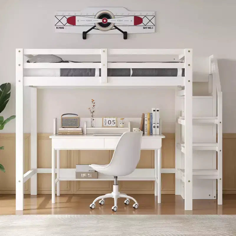Lit mezzanine en bois double avec armoire de rangement intégrée et escalier, optimisation de l'espace