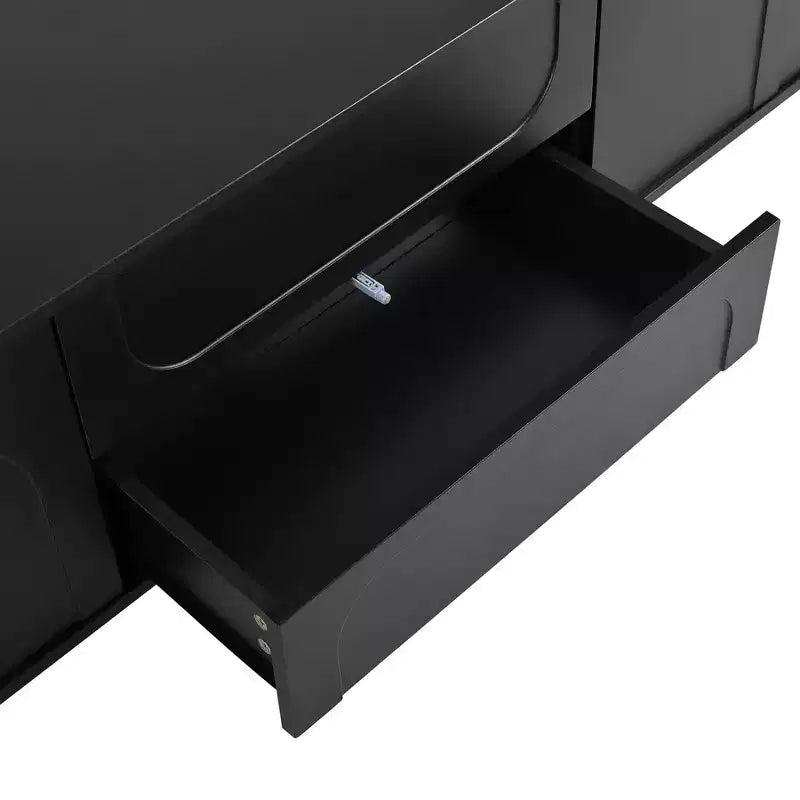 Meuble TV minimaliste de 70 po, Console TV, Centre de divertissement, Console média avec tiroir, armoire et dispositif de rebond pour téléviseurs jusqu'à 75 po, Blanc/Noir