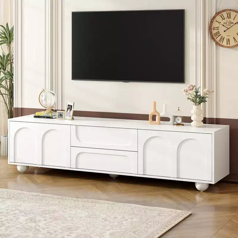 Meuble TV minimaliste de 70 po, Console TV, Centre de divertissement, Console média avec tiroir, armoire et dispositif de rebond pour téléviseurs jusqu'à 75 po, Blanc/Noir