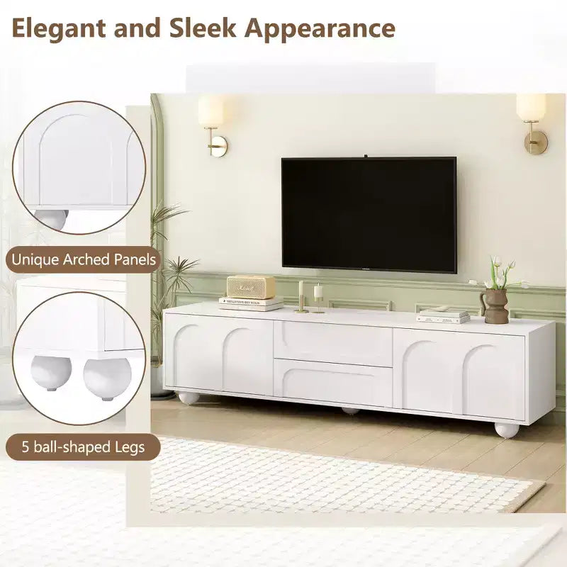 Meuble TV minimaliste de 70 po, Console TV, Centre de divertissement, Console média avec tiroir, armoire et dispositif de rebond pour téléviseurs jusqu'à 75 po, Blanc/Noir
