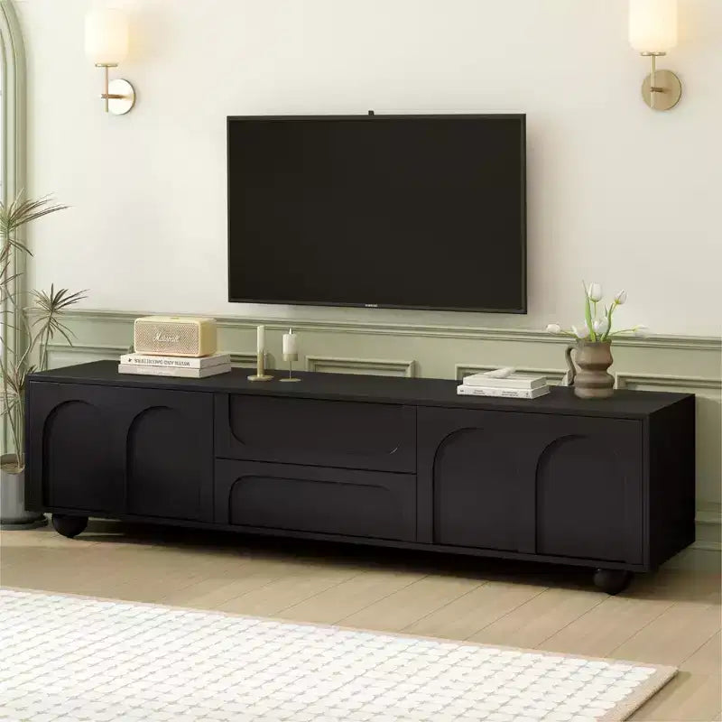 Meuble TV minimaliste de 70 po, Console TV, Centre de divertissement, Console média avec tiroir, armoire et dispositif de rebond pour téléviseurs jusqu'à 75 po, Blanc/Noir