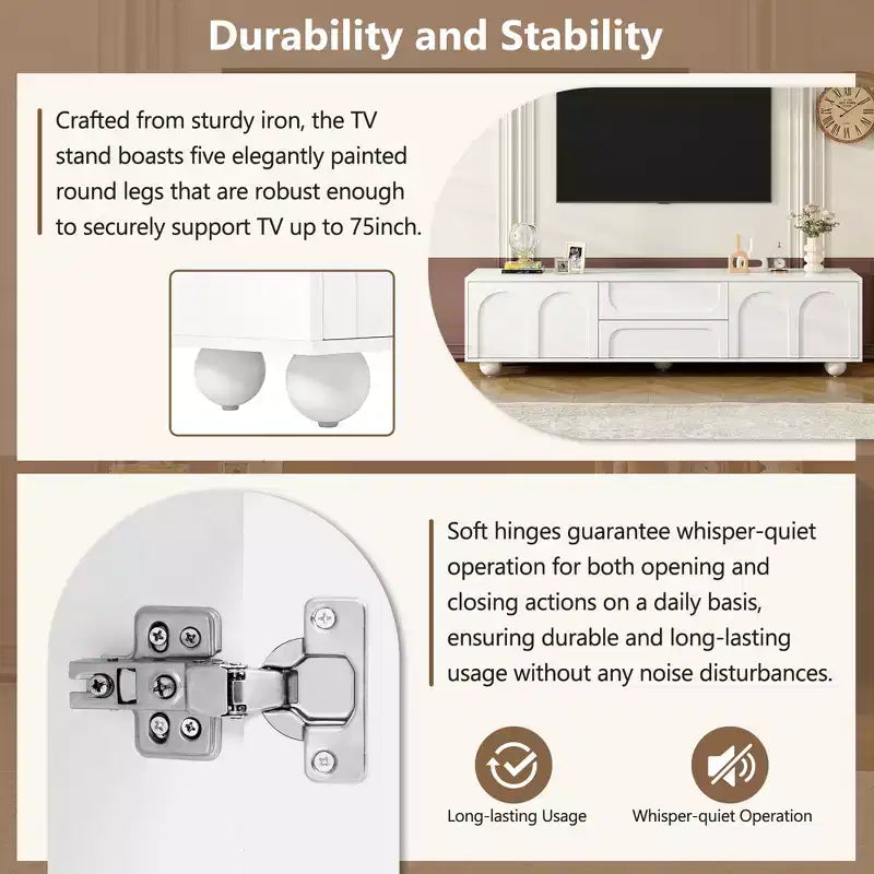 Meuble TV minimaliste de 70 po, Console TV, Centre de divertissement, Console média avec tiroir, armoire et dispositif de rebond pour téléviseurs jusqu'à 75 po, Blanc/Noir